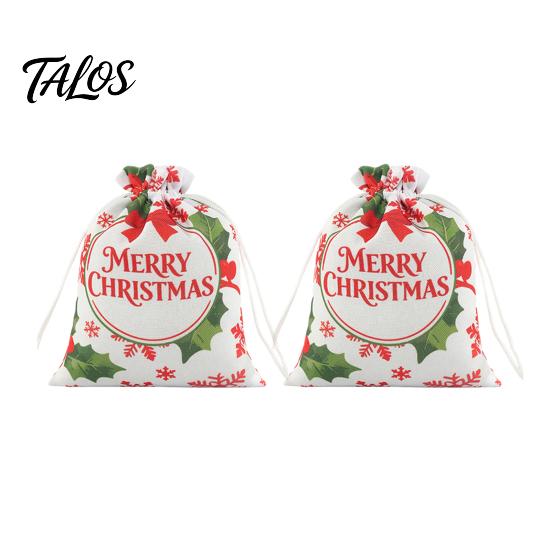 Christmas Eve Gift Wraps 2Pcs Drawstring Bags, Xmas Tree Reindeer Printed Candy Treat Family Party Holders Pouches, Reusable Fabric Holiday