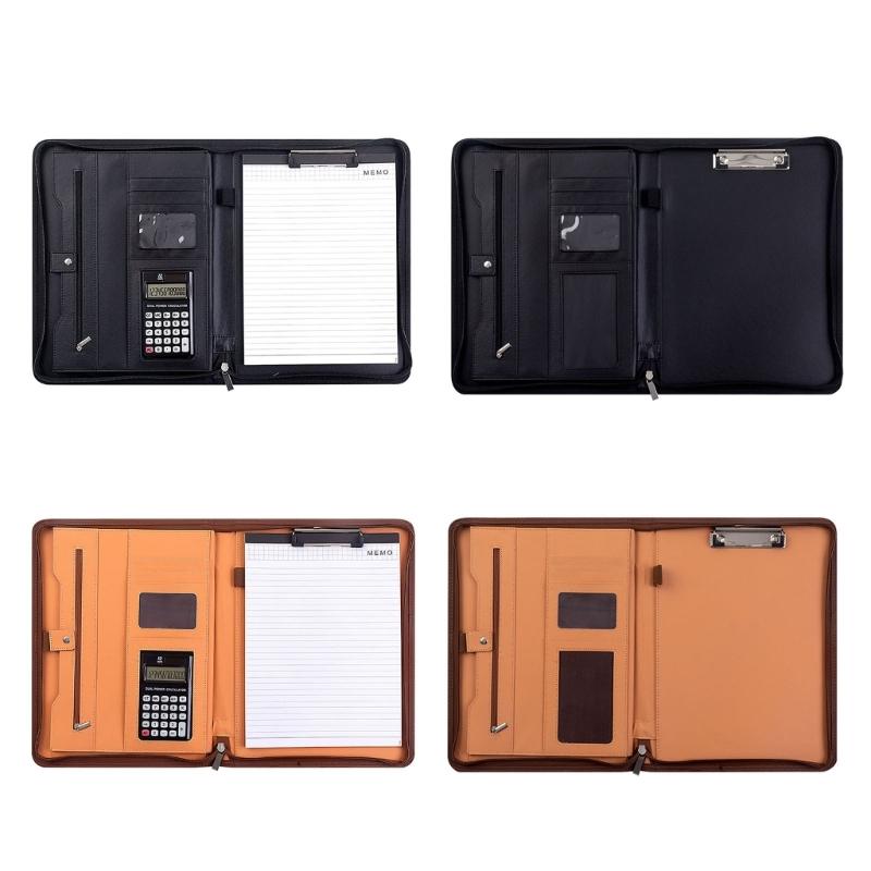 Leather Conference Folder Zippered Business Document Case with Calculator Clipboard Multiple Pocket Card Holder Pen Slot