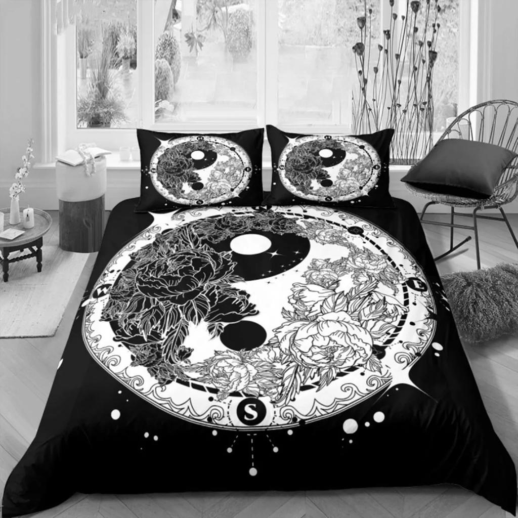 Black and White Yin Yang Duvet Cover Chinese Style Gossip Koi Couple Fish Mysterious Art Theme for Boy Girls Adult Bedroom Decor