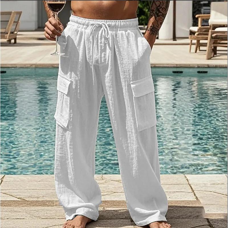 Pánské bavlněné a lněné tenké prodyšné pracovní oděvy pro všechna roční období, volné ležérní trendy kalhoty se širokými nohavicemi a více kapsami