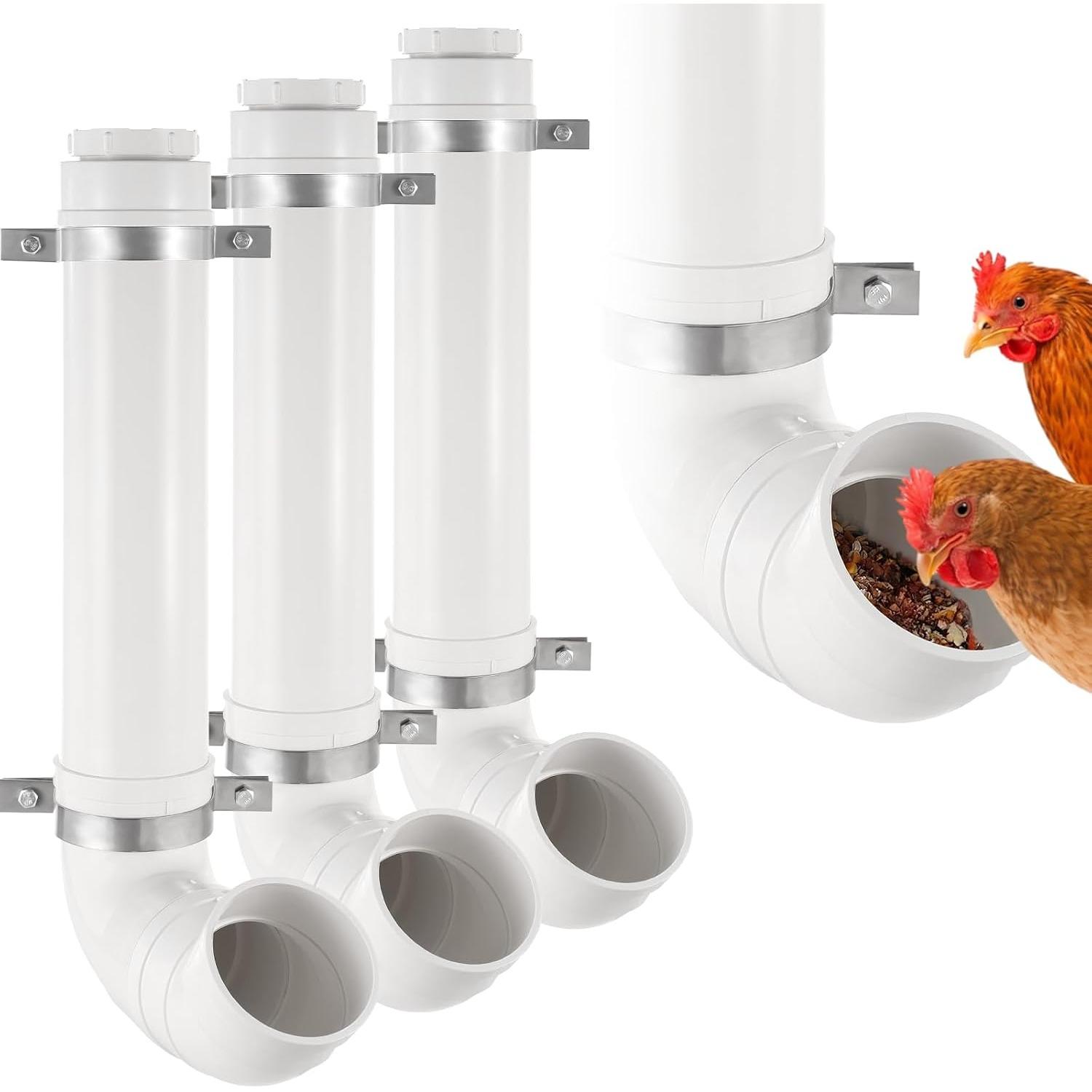 3 Pack Automatic Chicken Feeder No Waste, PVC Pipe Chicken Coop Feeder, Rat Proof Chicken Feeders, with Lid Hanging for Chicken Poultry Feeder 3PCS