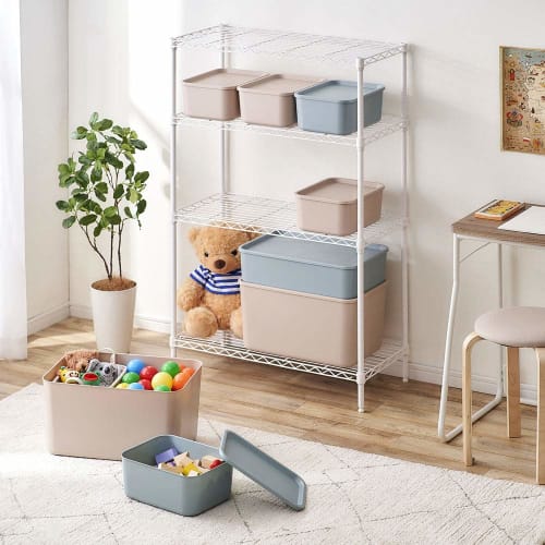 Iris Ohyama Storage Box with Lid, 45cm Wide x 29cm Deep x 13cm High, Stackable Storage Case with Lid, Pink Beige, for Storing Clothes, Toys, Cosmetics