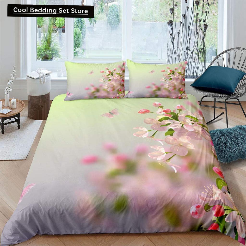 Rosa Kirschblüten King Queen Bettwäscheset Frühlingsflora Bettbezug Japanische Blumen Steppdeckenbezug Weicher Polyester Bettdeckenbezug