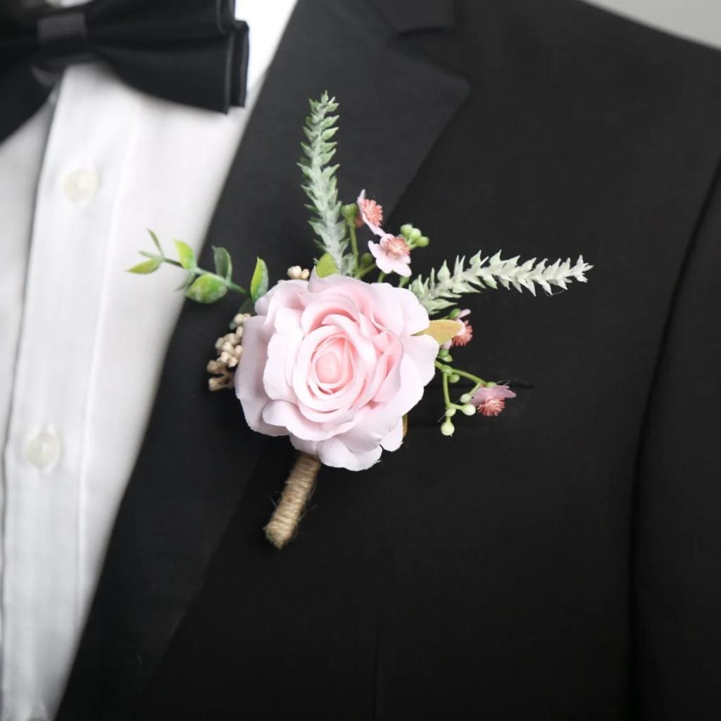 6pcs Rustic Artificial Rose Boutonniere Corsage Set Dusty Rose White Wristband Prom Suit Flowers for Wedding Ceremony