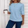 Button Embellished Eyelet Long Sleeve T-Shirt, Casual Solid Crew Neck Top, Spring/Autumn, Women's