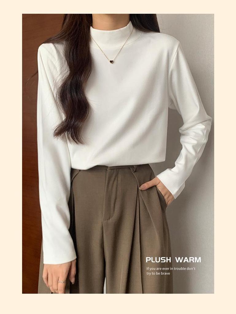 Women's Korean Style Double-Sided Velvet Long-Sleeve Turtleneck Top - Solid Color