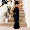 Neues gehäkeltes Fransen-Set Damen Ärmelloses High-Neck-Top + Bodycon-Langrock Zweiteiliges Outfit