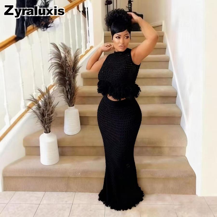 Neues gehäkeltes Fransen-Set Damen Ärmelloses High-Neck-Top + Bodycon-Langrock Zweiteiliges Outfit