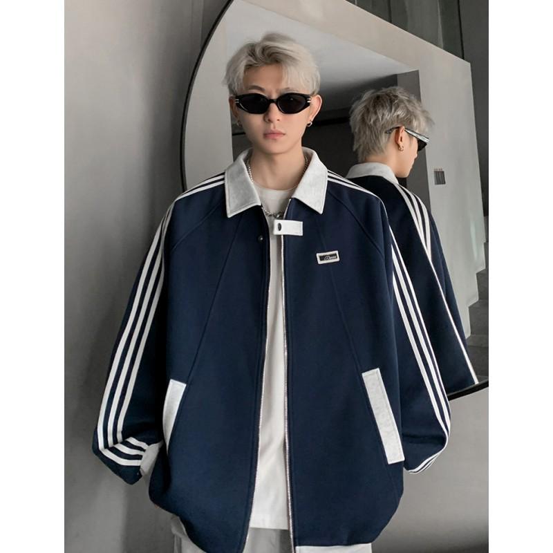 American splicing sports jacket boys spring and autumn heavy three-bar sweater trendy lapel baseball jersey