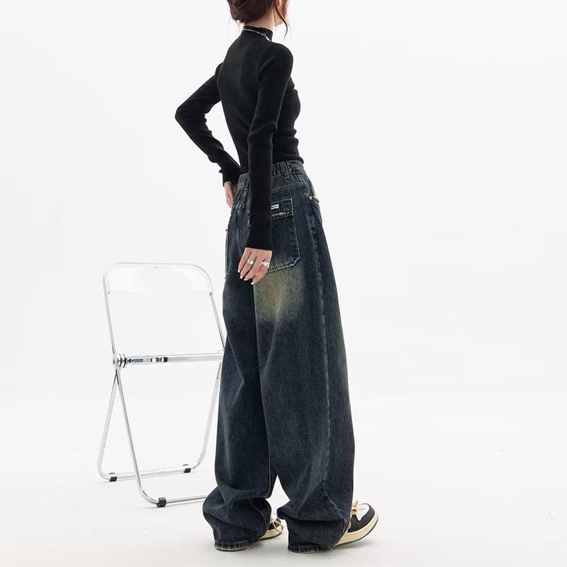 Women's High-Waist Retro Straight Jeans - Spring/Autumn 2025, Plus Size, Floor-Length, Wide Leg, Slimming Fit