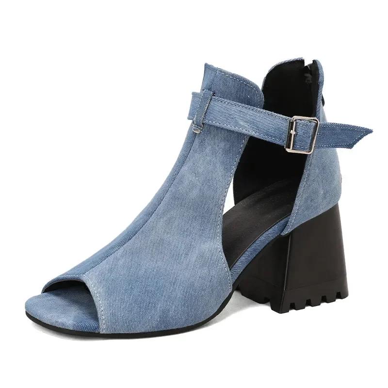 Fashion Women Gladiator High Chunky Sandals Blue Denim Red Leopard Suede  Summer Party Lady Peep Toe Buckle T-strap Zipper Shoes