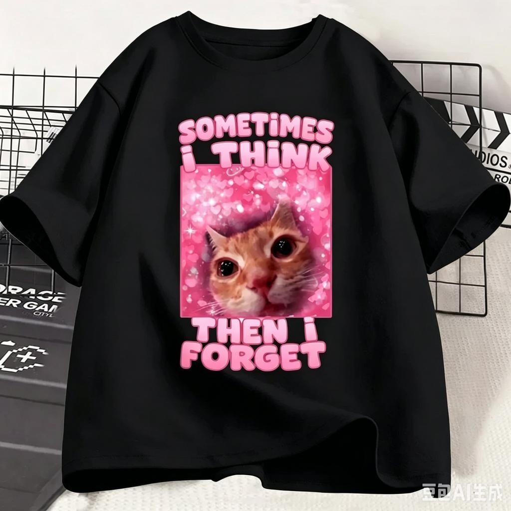 New Sometimes I Think Then I Forget Funny Cat Meme Shirt Adult and Kids Stupid Humor Cats T-shirt Fashion Short Sleeve Tops