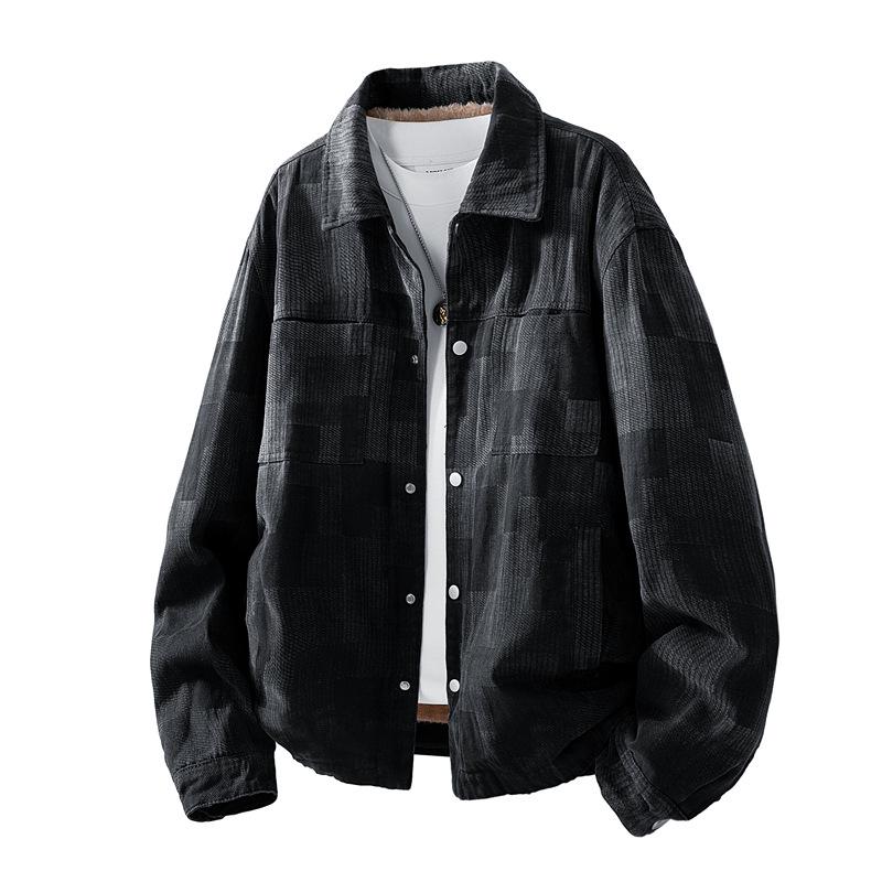 Men s Autumn/Winter Plaid Loose Denim Jacket with Velvet Lining 3XL