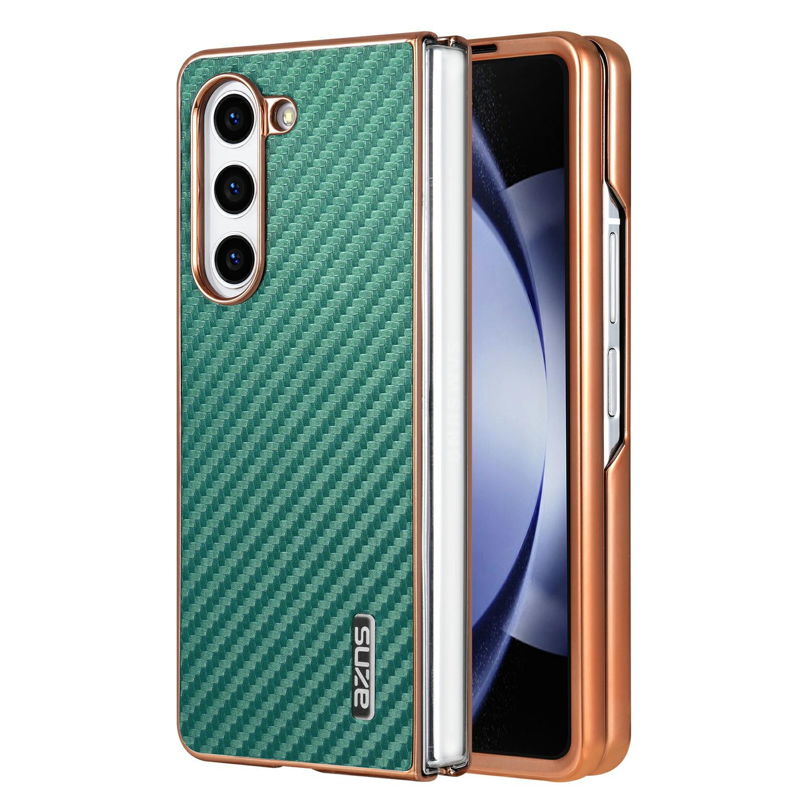 

For Samsung Galaxy Z Fold6 5G Case Electroplating Carbon Fiber Texture PU+TPU Phone Cover Green