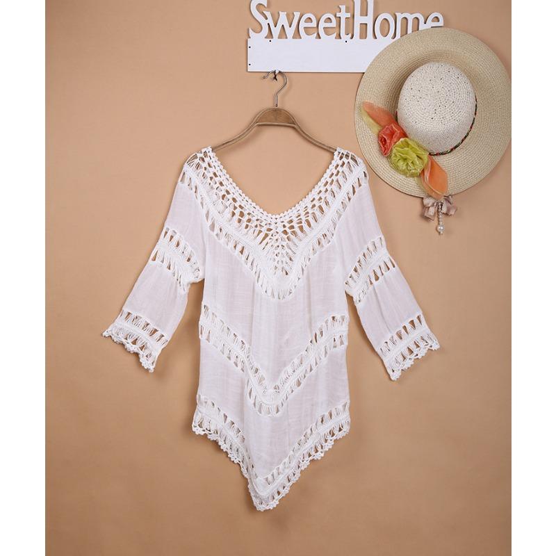Женское вязаное лоскутное ажурное платье-накидка, купальник, пляжная накидка, пляжная юбка One Size белый