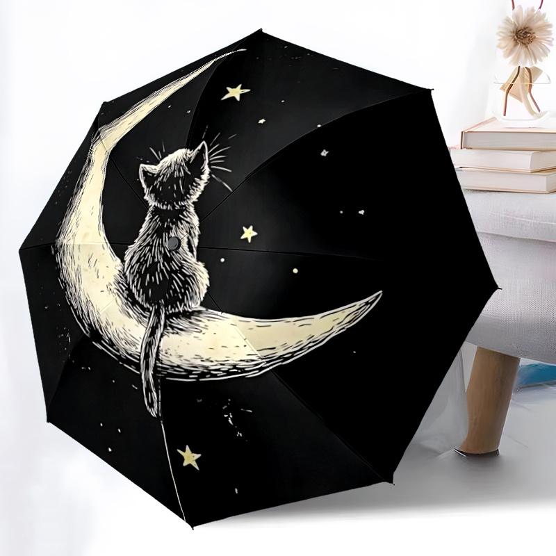 1pc Moon Cat Automatic Open/close Umbrella, 8-Rib Sturdy Structure, Artistic Pattern, Compact Design, Fashion Lovers L050