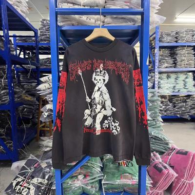 Skull Throne Printed Retro Washed Bottom Shirt Loose Long Sleeve T-Shirt Trendy Men And Women