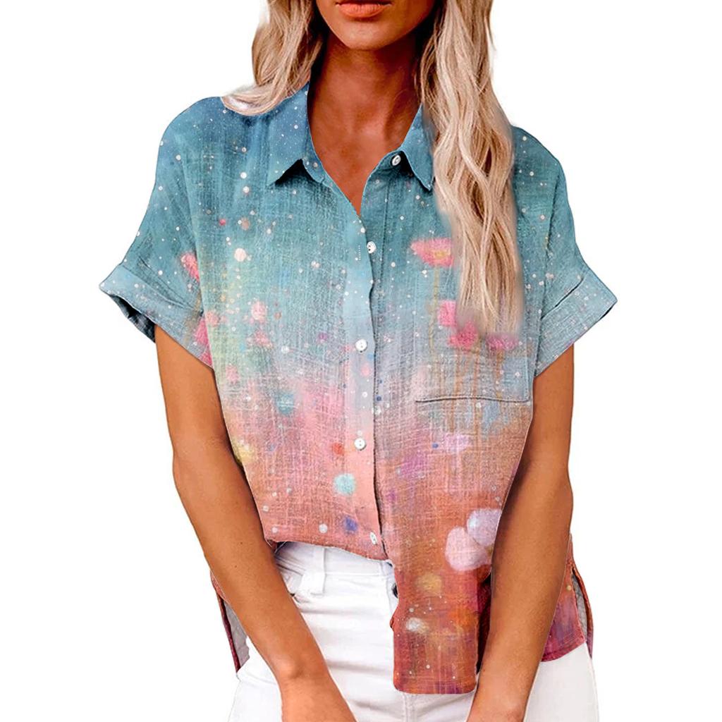 Women's Fashion Loose Casual Short Sleeve Lapel Button Down Shirt Printed T-Shirt Top