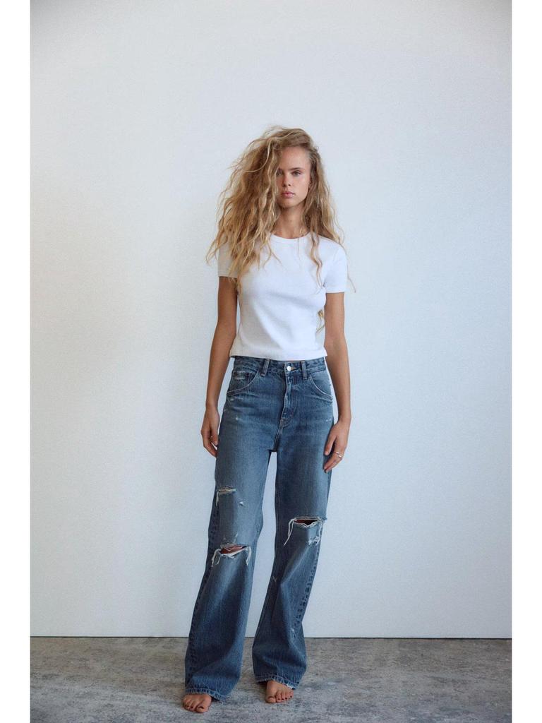 2025 Spring Women's High-Waist Ripped Denim Jeans: European & American Style