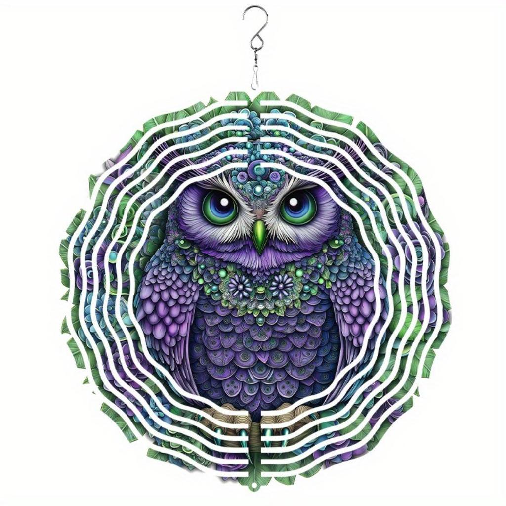 Vibrant 10-Inch Metal Wind Chime with Colorful Owl Design, 360° Rotating Hook - Battery-Free