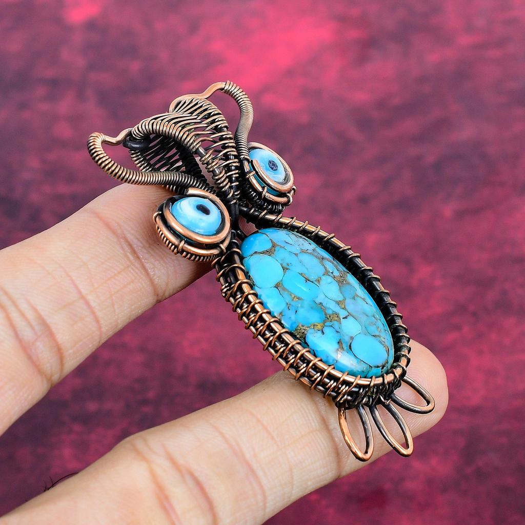 Copper Blue Turquoise Pendant Owl Pendant Copper Wire Wrapped Blue Color Evil Eye Jewelry