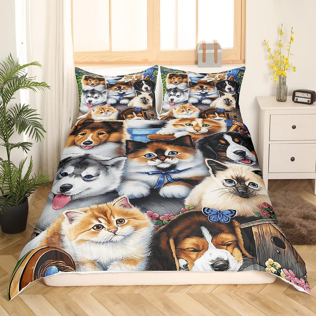Cute Cat King Queen Duvet Cover Kitten Bedding Set Purple Floral Butterflies Polyester Quilt Cover Pet Animal Comforter Cover