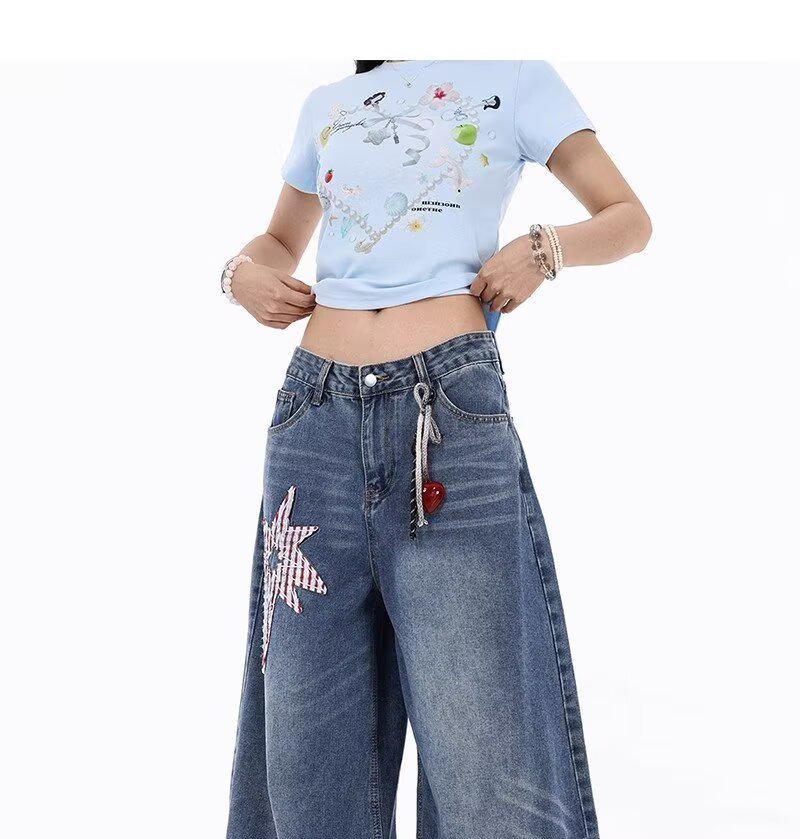 

2025 Spring/Summer High Waist Embroidered Denim Pants for Women - Loose Straight Leg Design 2XL синий