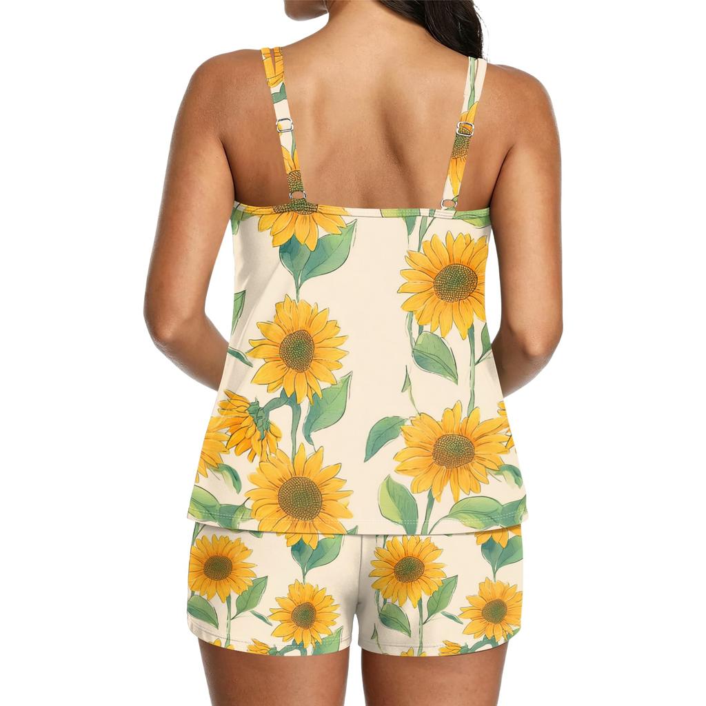 Women’s Printed Tankini Swimsuit Two Piece Set with Adjustable Straps and Soft Tank Top and Shorts for Sport and Beachwear