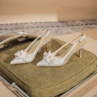 7520-8 [sheepskin] High Heels Women's Thin Heels 2025 New Pointed Empty Sandals Crystal Flower Wedding Shoes