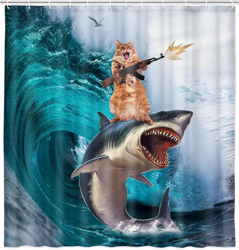 Funny Cat Shower Curtain Cool Cat Riding Shark Seagull On Ocean Sea Blue Waves Kids Creative Design Bathroom Curtain Polyester