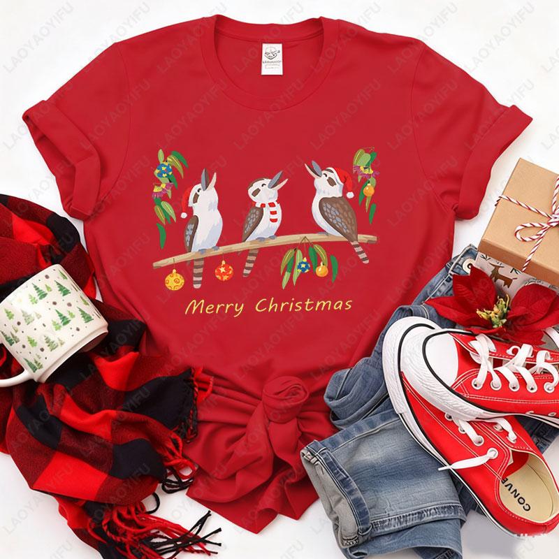 Womens Australian Kookaburra Bird Print TShirt Merry Christmas Australian Theme Tops Casual Blouse for Christmas Party Outfits