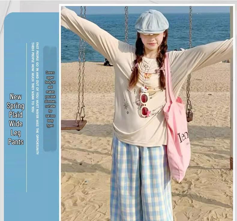 Women's Blue Plaid High-Waisted Loose-Fit Yamamoto Pants - Petite, Casual Wide-Leg, Spring/Autumn 2025 Collection.