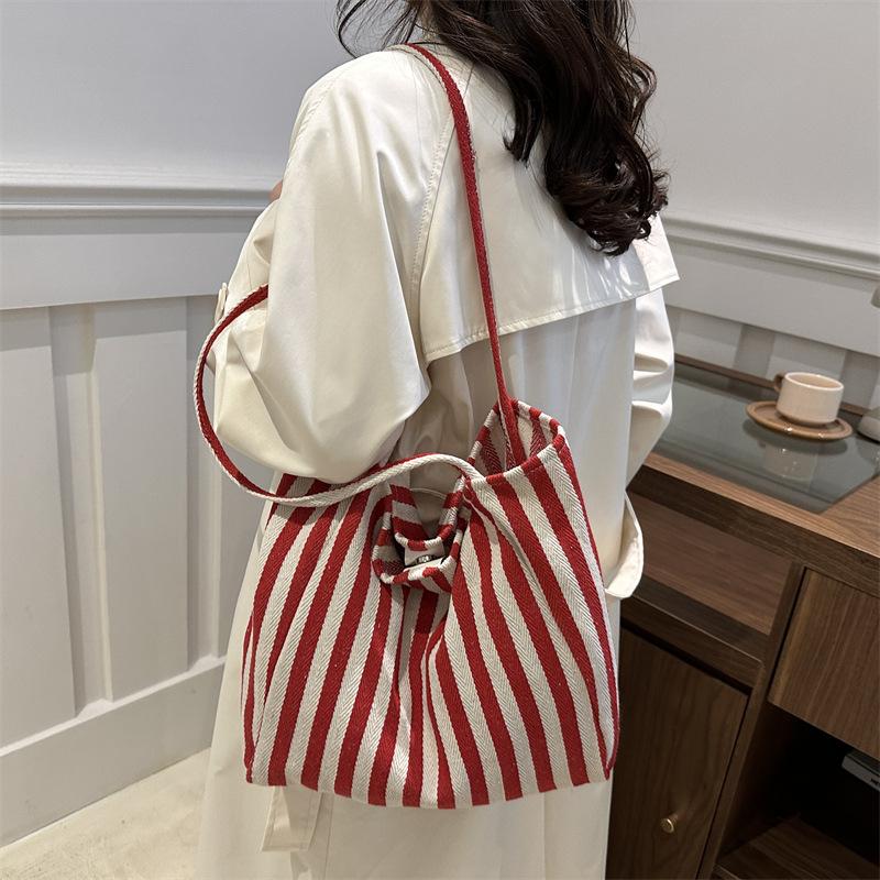 New Korean Version Retro Literary Handbag Simple Small Fresh Striped Canvas Bag Casual Large Capacity Single-shoulder Women's Bag