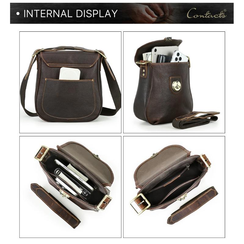 Men Top Grain Crazy Horse Leather Crossbody Bag Multi-Zipper Pockets Vintage Texture