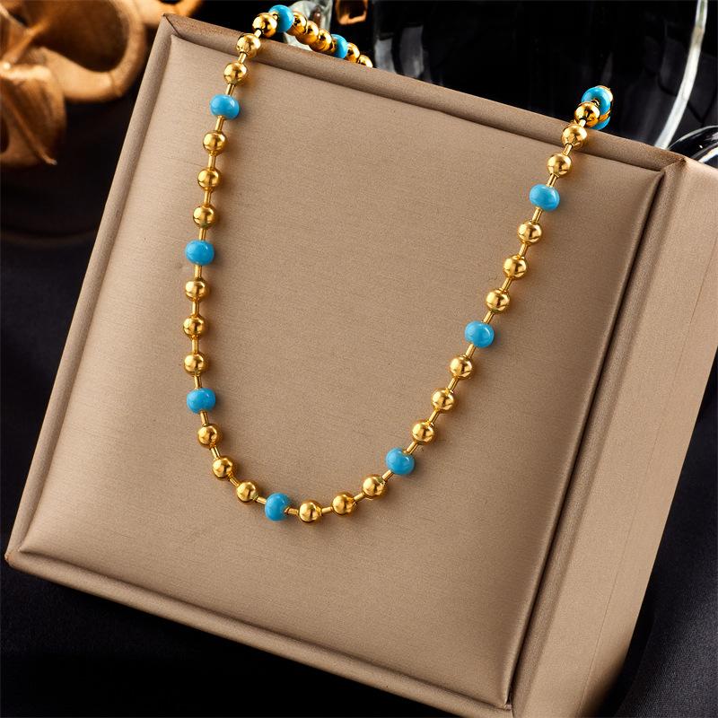 Gold Plated Ball Chain Necklace with Turquoise Beads Fashion Jewelry for Women