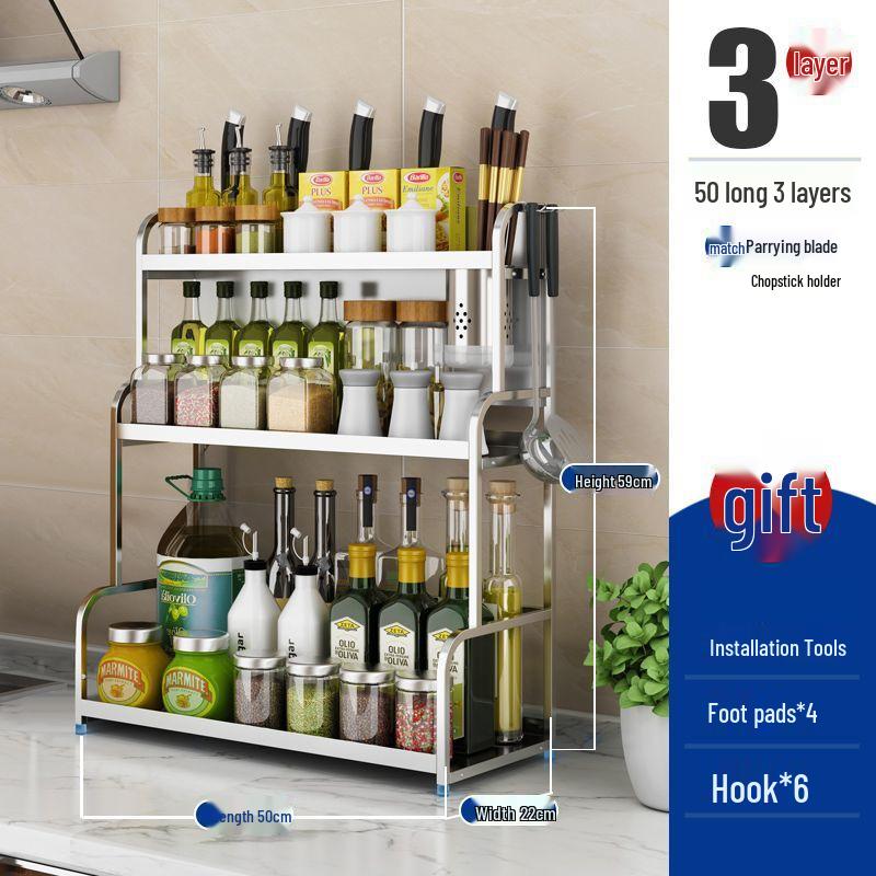 Multi-Functional 304 Stainless Steel Kitchen Shelf and Spice Rack with Knife Holder
