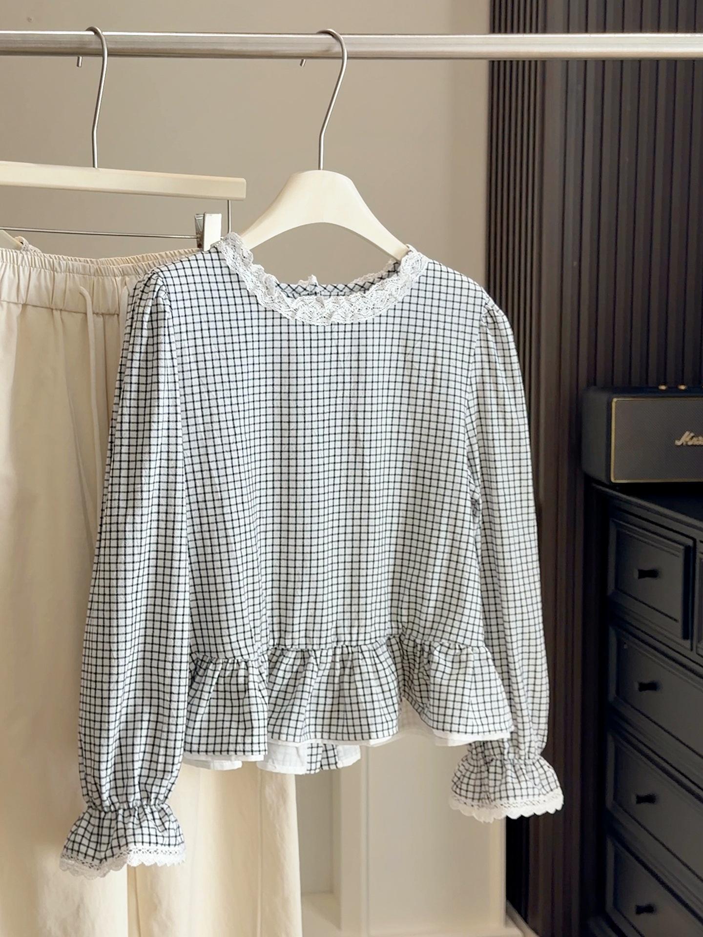 Women s Korean Color Block Plaid Lace Ruffle Shirt - Age-Reducing Doll Style One Size белый