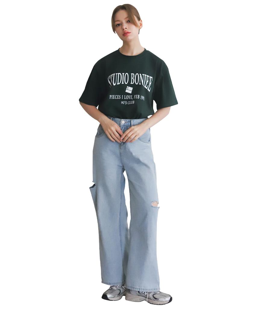 BONIEE Arch Retro Typo Graphic Loose T-Shirt Green