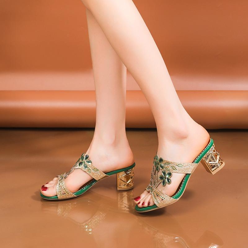 Sandale de vară pentru femei cu toc gros și vârf pătrat, tip slip, cu detaliu cataramă florală, încălțăminte casual elegantă franceză, respirabilă și ușoară.