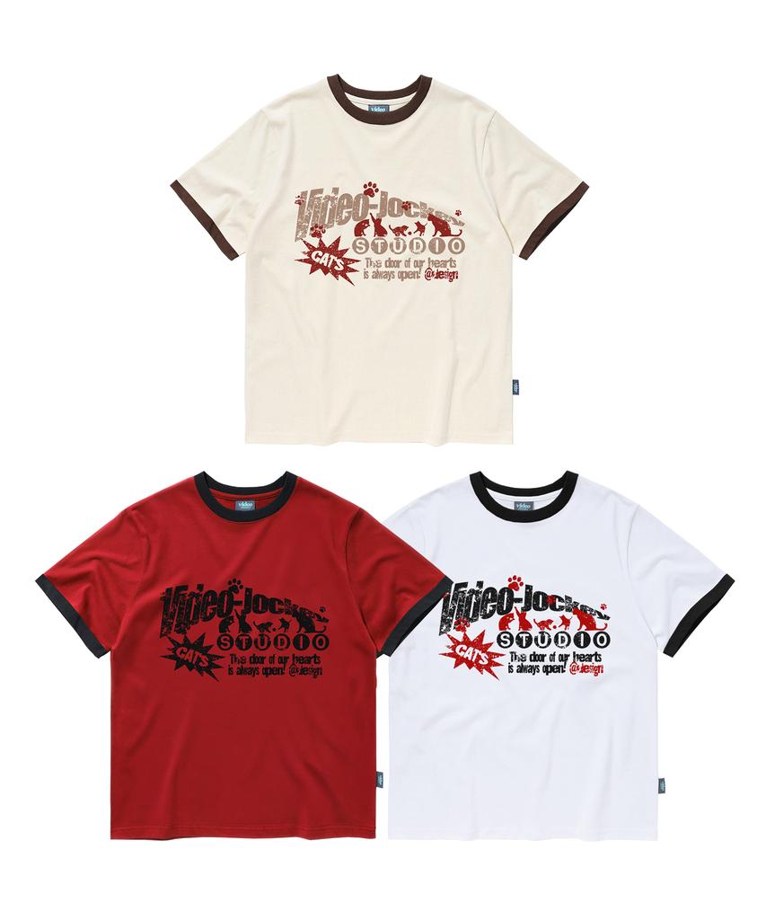 VIDEO JOCKEY Cats Gather Ringer T-Shirt [Cream]