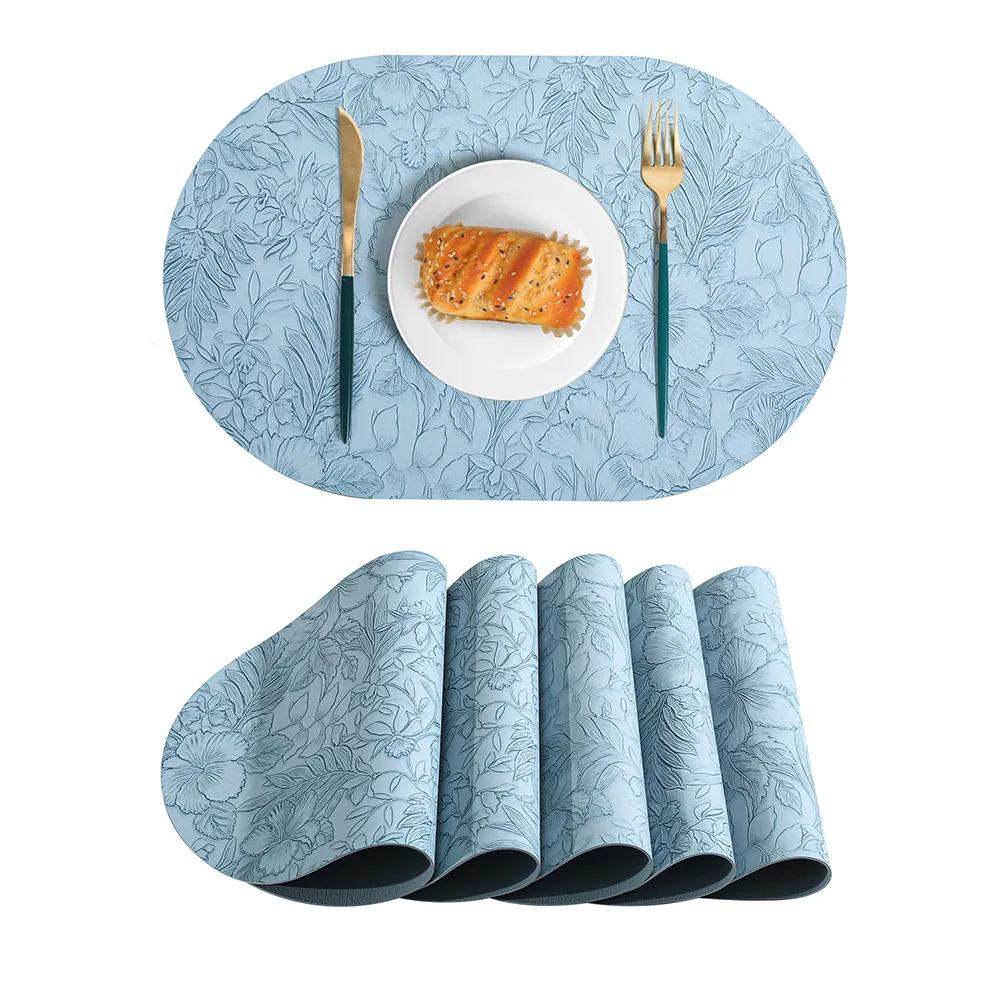 2PCS Light Luxury Floral Leather Placemat Elliptical Waterproof Oil Resistant Western Style Table Mat for Hotel Restaurant Home