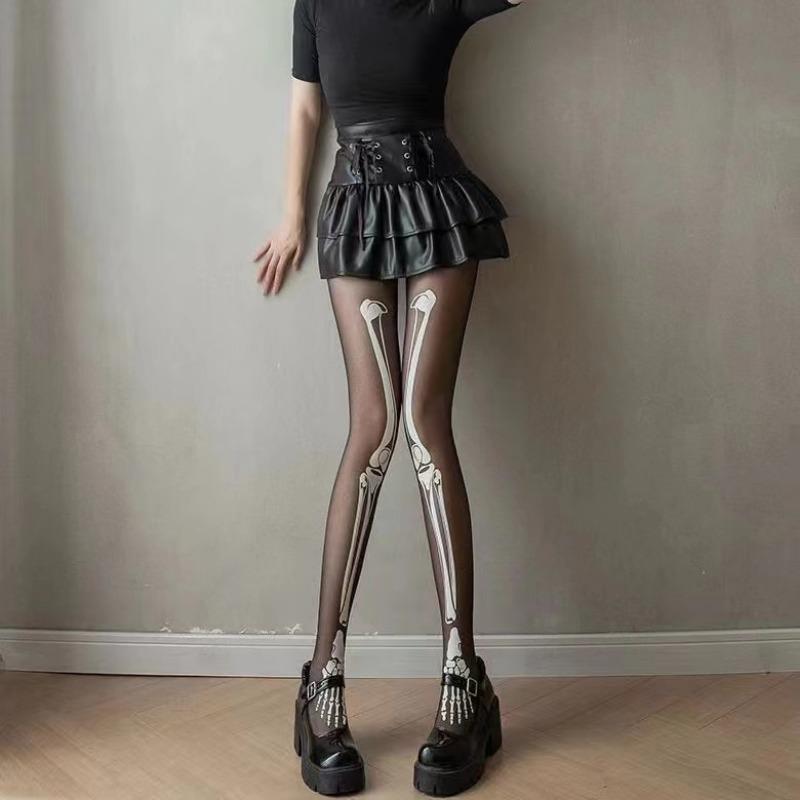 Fashion Tights Sexy Skeleton Legging Nightclub Bar Stockings Halloween Skull Bones Black Pantyhose for Women Young Girls