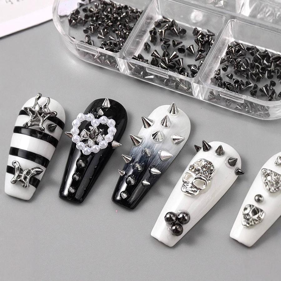 3D Punk Silvery Black Pyramid Stud Nail Jewelry Set, Metal Cone Spikes Beads Rivets, Halloween Gothic Nail Decorations
