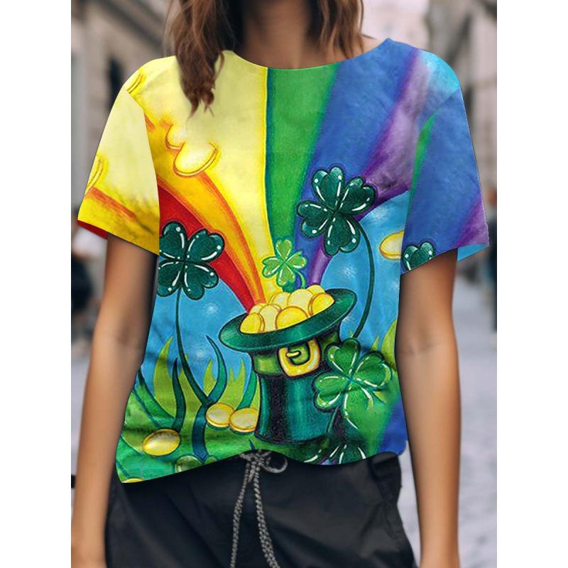 

Summer Round Neck 3D Clover Print Top Fashionable Casual Short Sleeved Women s T-shirts XS