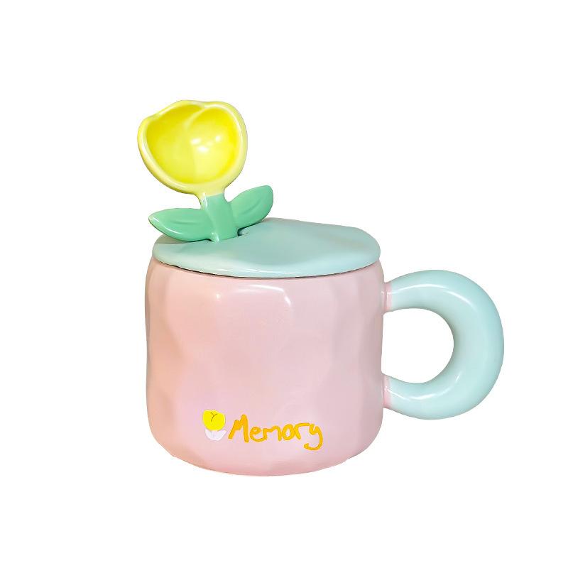 Tulip Mug with Lid Spoon with High Appearance and Cute Home Office Girl Ceramic Drinking Cup Souvenir