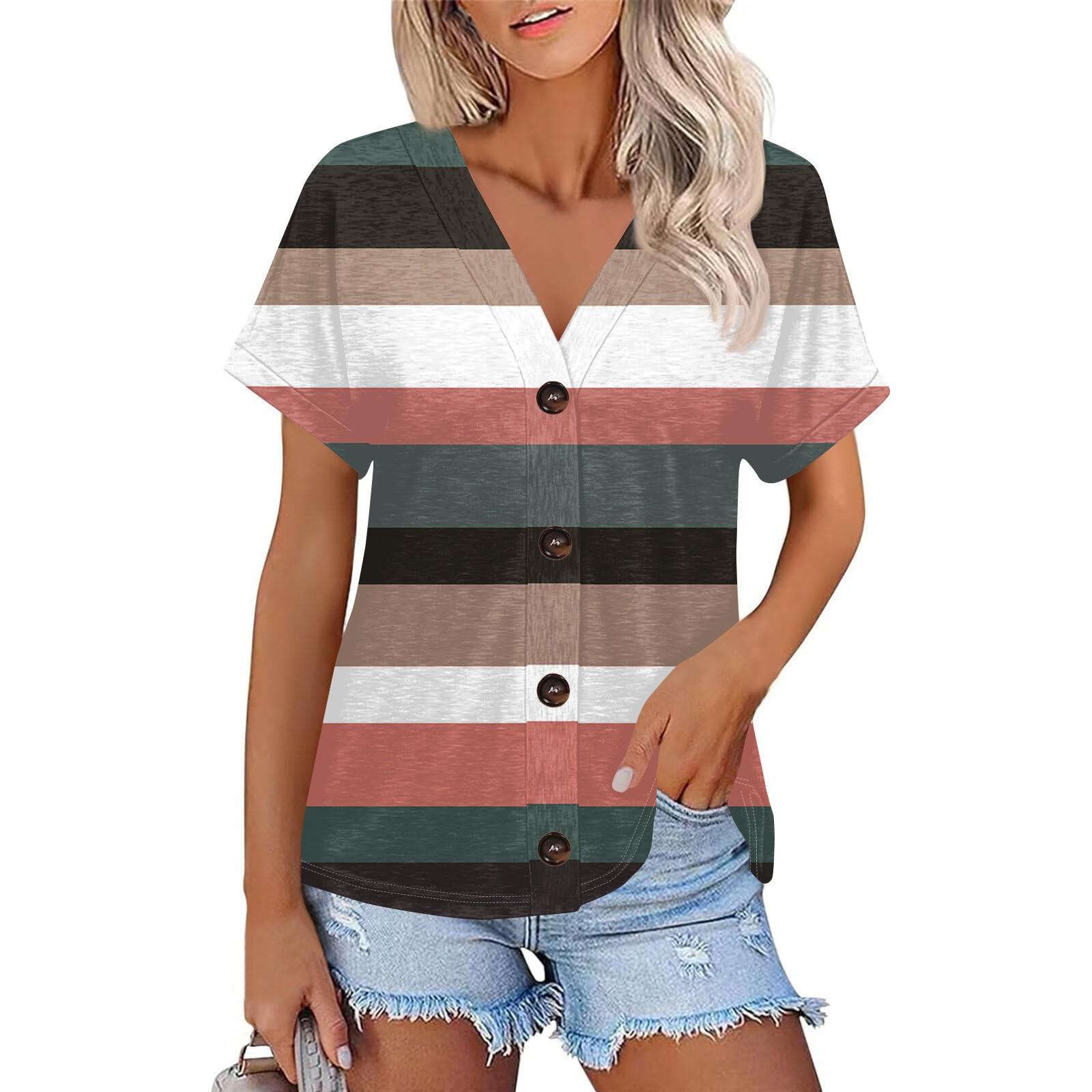 

Женская модная футболка с короткими рукавами и V-образным вырезом, в полоску, с принтом, на пуговицах S верблюд