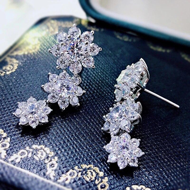 Sterling Funkelnde 100% 925 Silber 5A Zirkon Voller Diamanten Drei Blumen Ohrringe Für Frauen Partei Schmuck