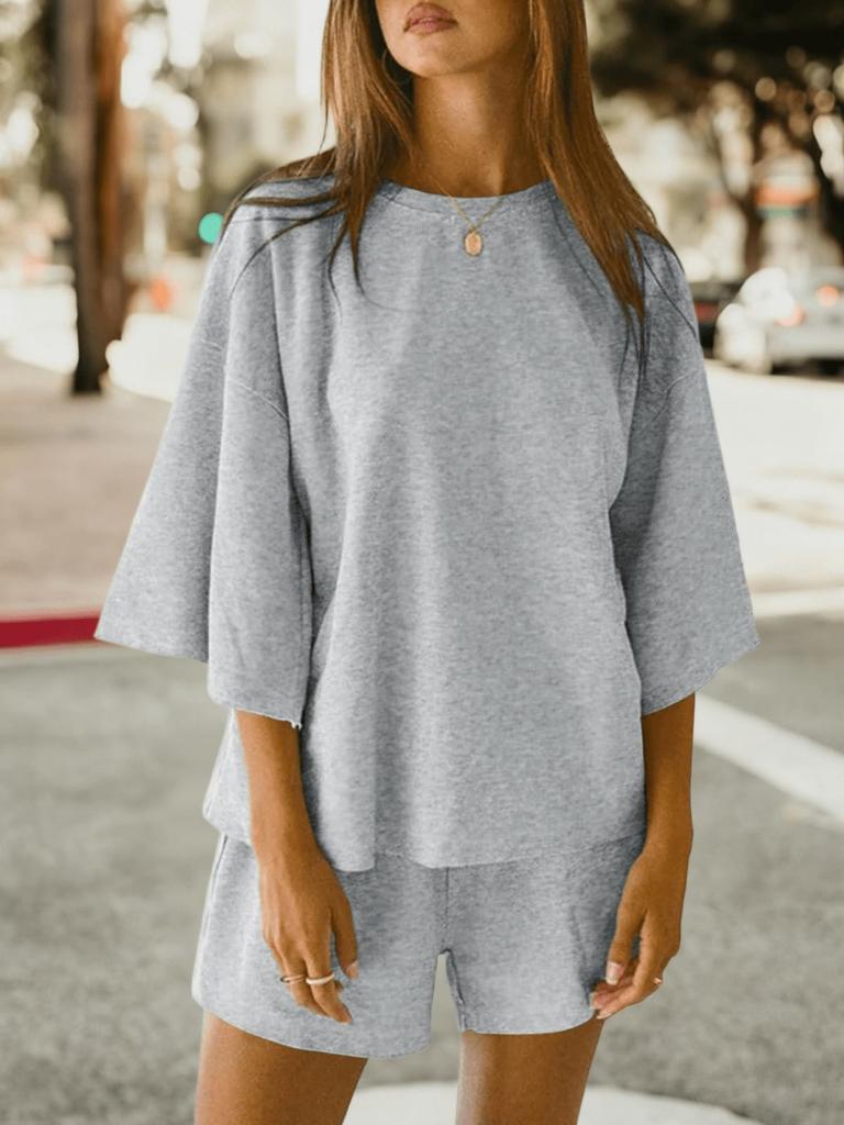 Womens 3/4 Sleeve Lounge Set Oversized Top and Elastic Waist Shorts