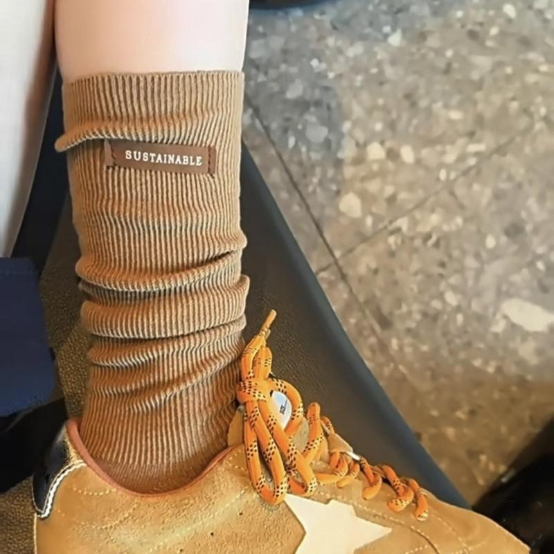 Standard Calf Socks High-End Goods Double-Needle Versatile Solid Color Children'S Letter Fashion Stacking Socks Stockings Tide Socks Season