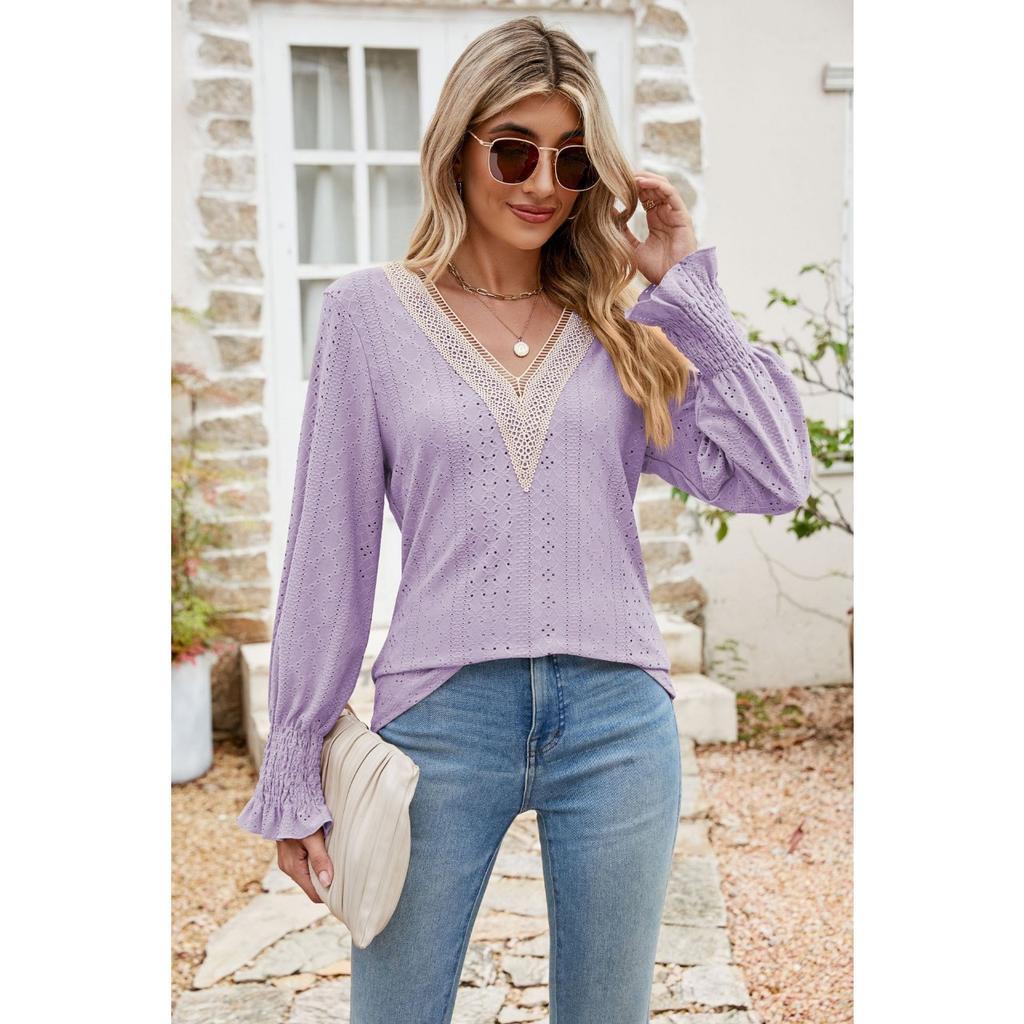 GMXIA Autumn Winter Solid Color Lace Splicing V-neck Long Sleeve Loose T-shirt Top